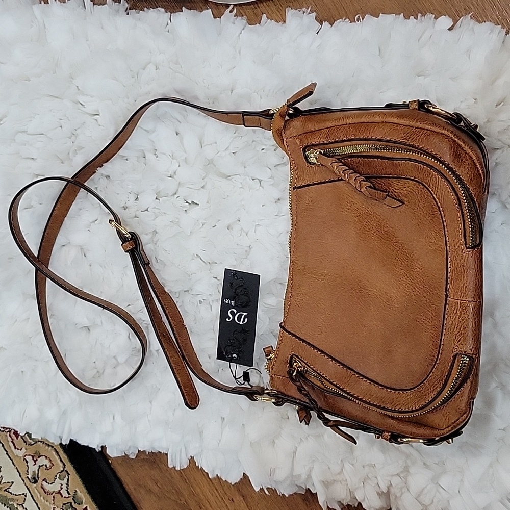 DS Bags tan vegan leather shoulder bag 2 front zippered pocket braided pull NEW…